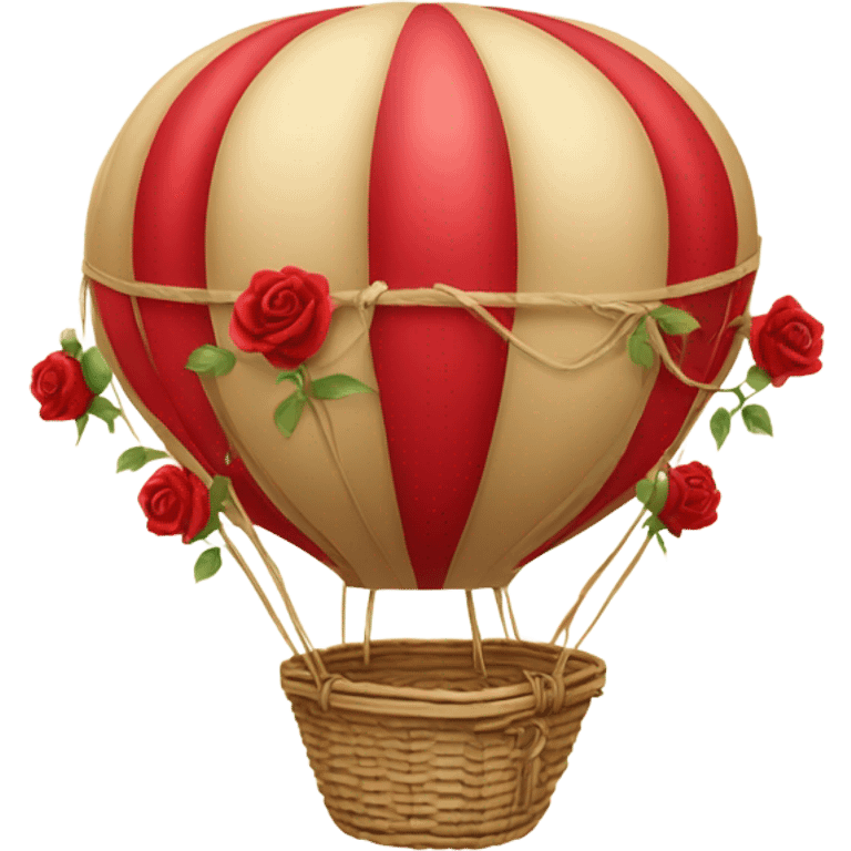 red hot air balloon and beige basket with roses emoji