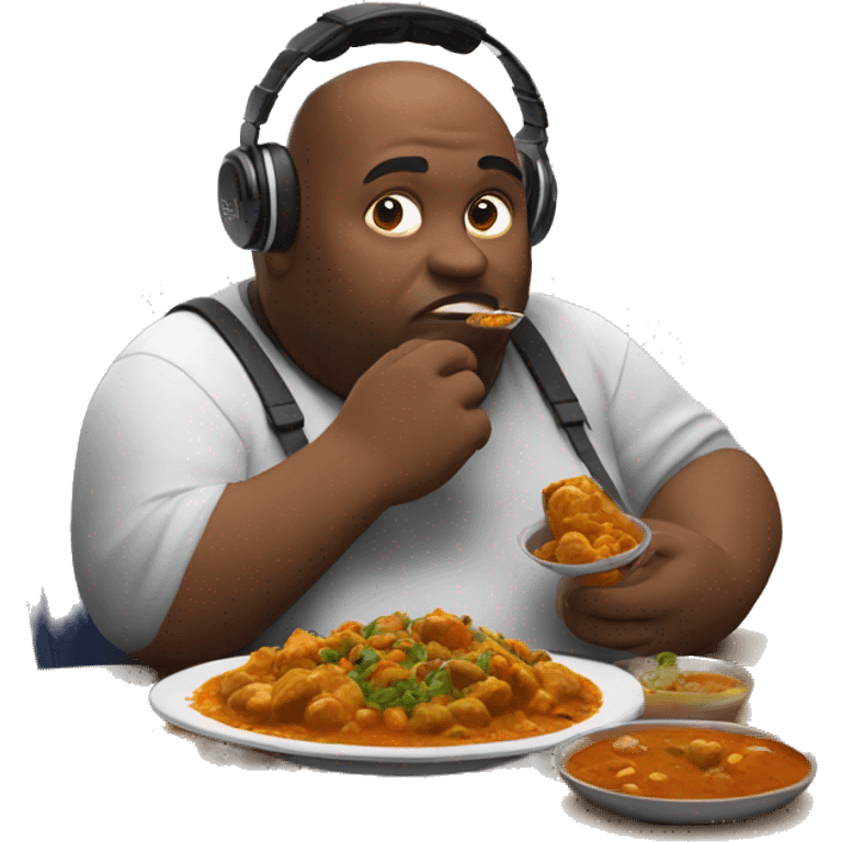 Fat man eating curry in front of a screen wearing a gaming headset emoji