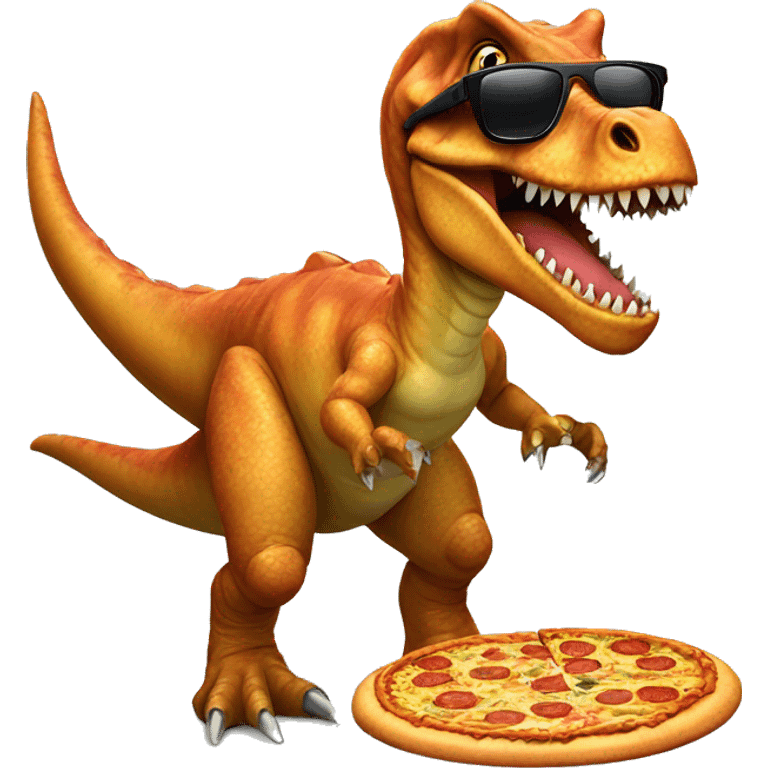 Surfing dinosaur wearing sunglasses eating a pizza emoji