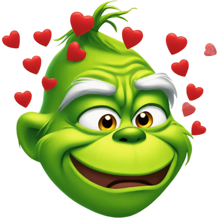 Grinch making kiss face with red hearts emoji