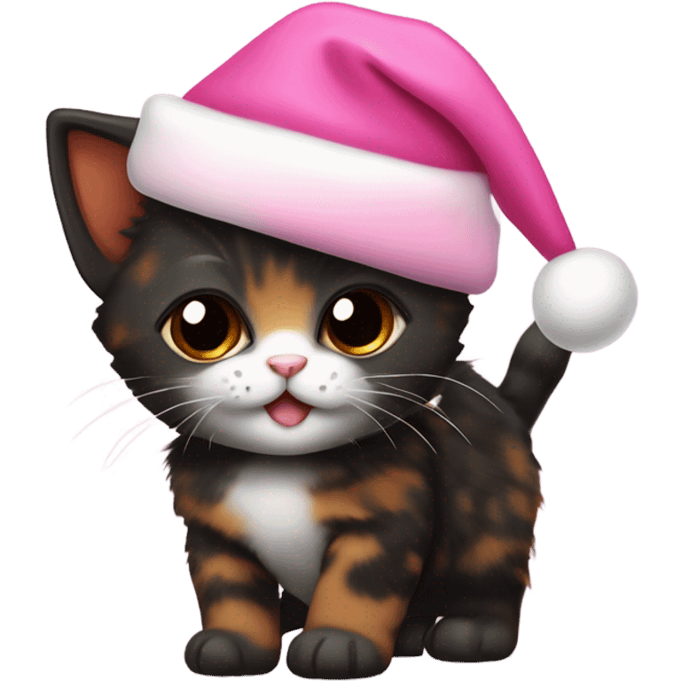 Cute mostly black tortoiseshell kitten wearing a pink Santa hat emoji