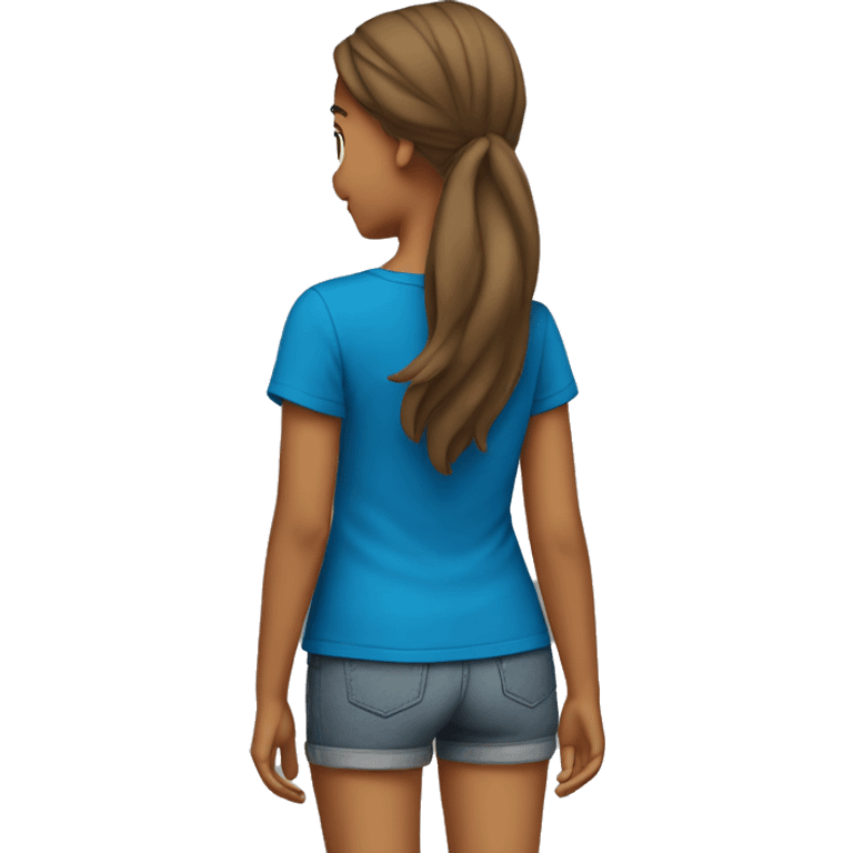 girl in a blue T-shirt stands with her back emoji