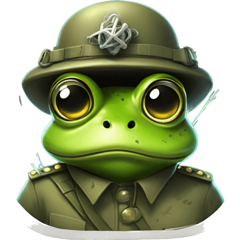 A radioactive humanoid frog in a military uniform with a petrified look on his face holding a large wire shooting sparks emoji