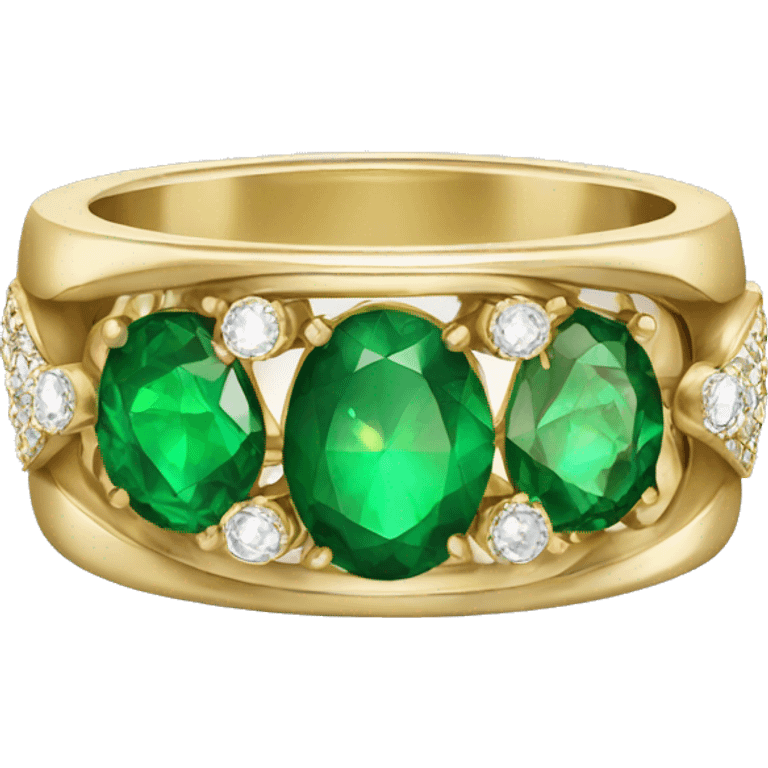 Gold ring with diamond in middle and green gem side stones emoji