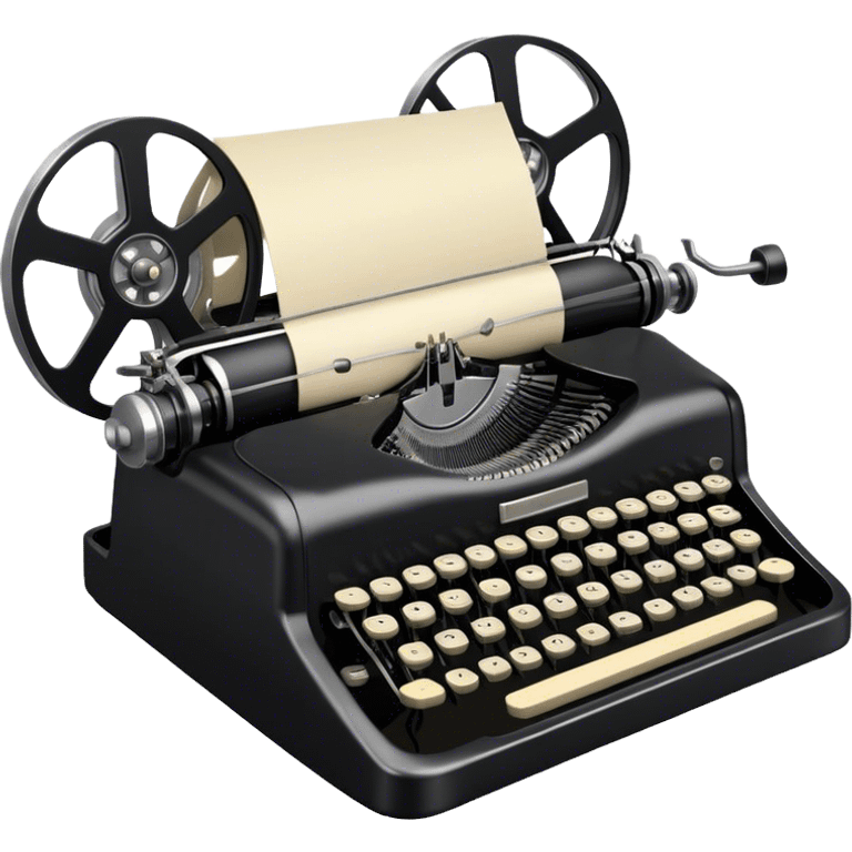 Create an emoji representing screenwriting. The design should feature an open script with visible dialogue and action lines, symbolizing the writing of a screenplay. Include a classic typewriter or a modern writing device, such as a laptop, to signify the process of creating a script. Optionally, add elements like a film reel or director's chair to emphasize the cinematic aspect of screenwriting. Use a professional color palette with black, white, and subtle metallic tones. Do not include any emojis or smiley faces. Make the background transparent. emoji