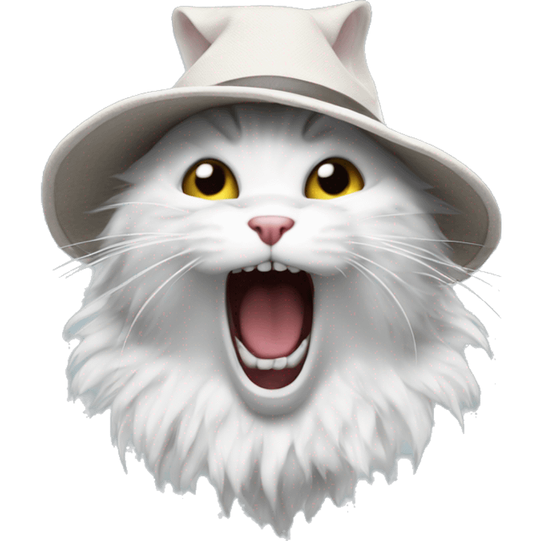 Screaming cat, facing the screen, white fur, Zylinder hat  emoji