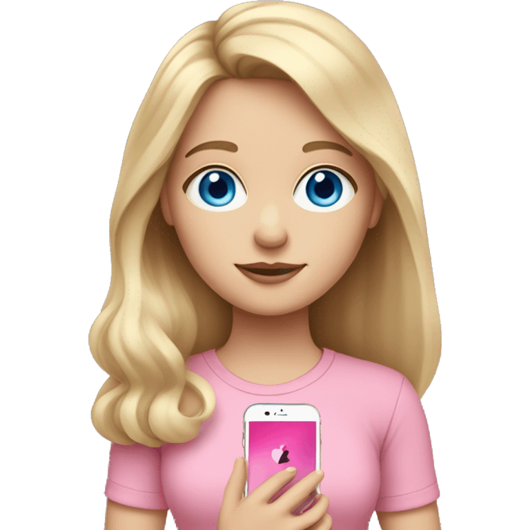 a blue eyed white dark blond hair girl wearing a pink shirt holding a pink iphone  emoji