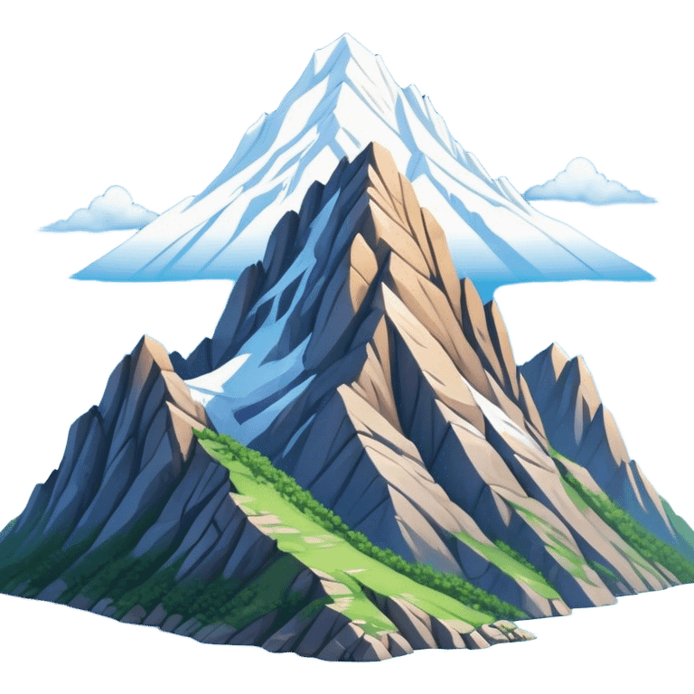 Cinematic Realistic Mountain Emoji, Majestic and towering, with craggy, snow-capped peaks rising sharply against a deep blue sky. The rugged terrain is dotted with rocky outcrops and patches of greenery, with clouds swirling around the higher reaches. Soft glowing outline, capturing the essence of ancient strength and natural beauty in a towering mountain! emoji