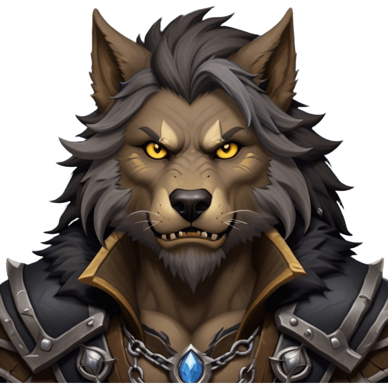 Cinematic Realistic WoW Worgen Portrait, depicted as a fearsome blend of man and beast, with rugged, dark fur intermingling with tanned, weathered skin. His piercing amber eyes and fierce expression are framed by disheveled hair and subtly detailed, worn leather attire in dark, consistent hues. Rendered with lifelike texture and dramatic, natural lighting, high shine, noble and formidable, capturing the primal nobility of a legendary worgen warrior. emoji