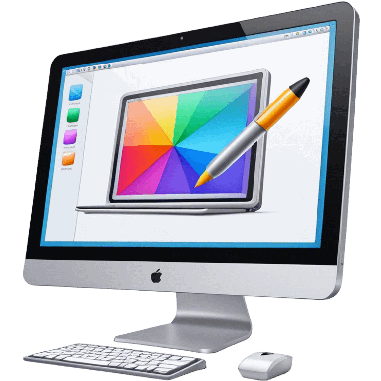 Computer graphics icon, large monitor with graphic design software open, graphic tablet, stylus, vibrant colors, minimalistic style, clean lines, transparent background. emoji