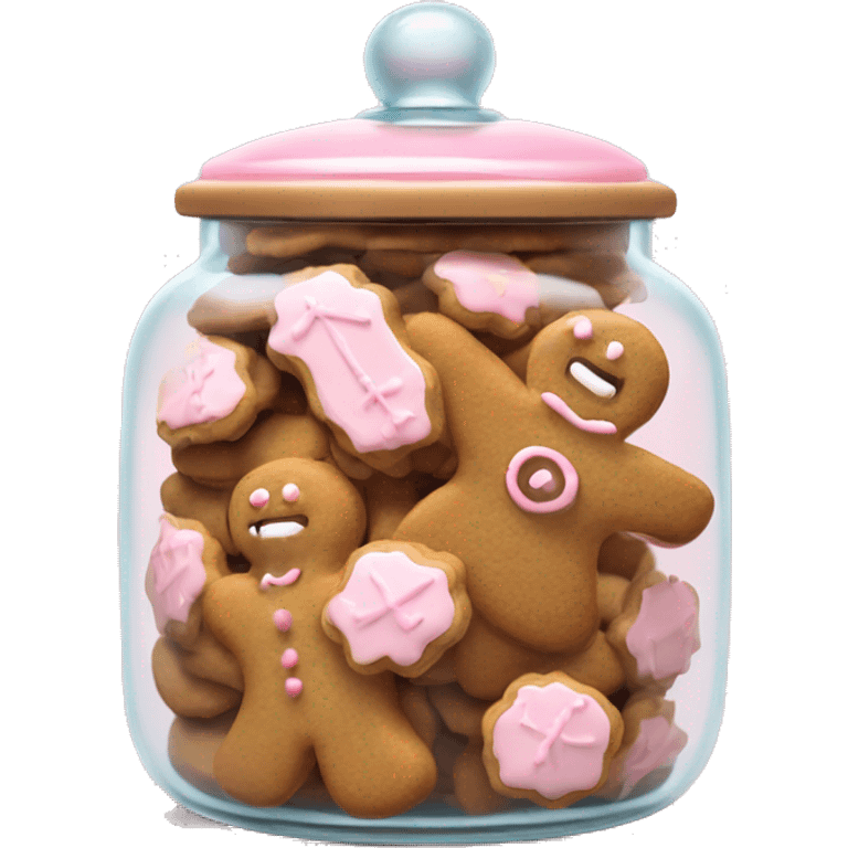 Realistic glass cookie jar with light pink lid full of gingerbread cookies isolated.  emoji