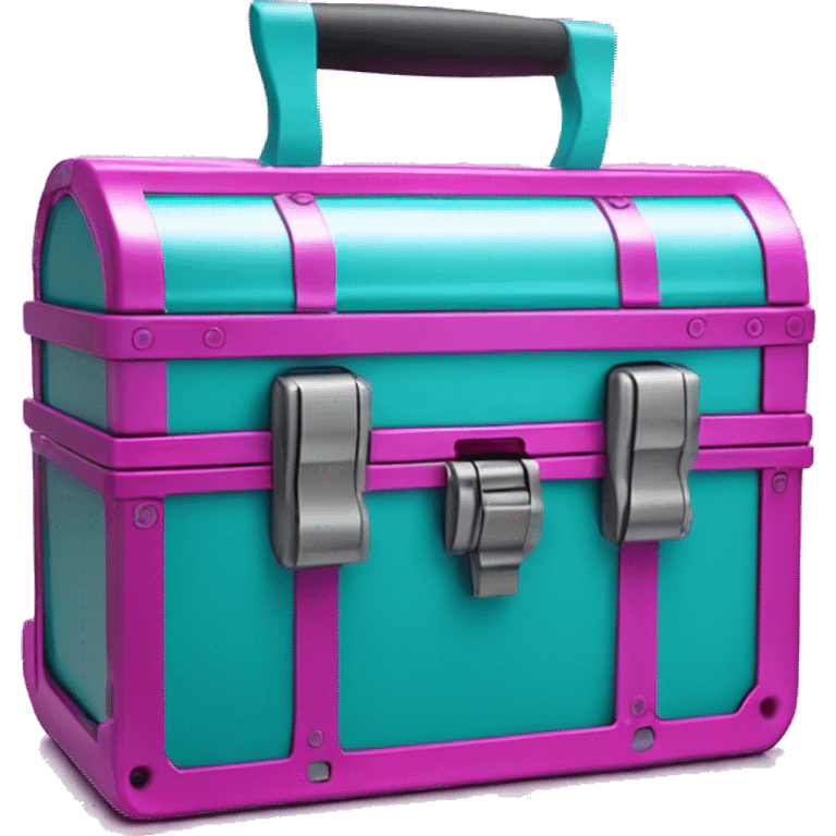 Realistic metallic hot pink and turquoise tool box with top open and purple tools inside of it isolated.  emoji