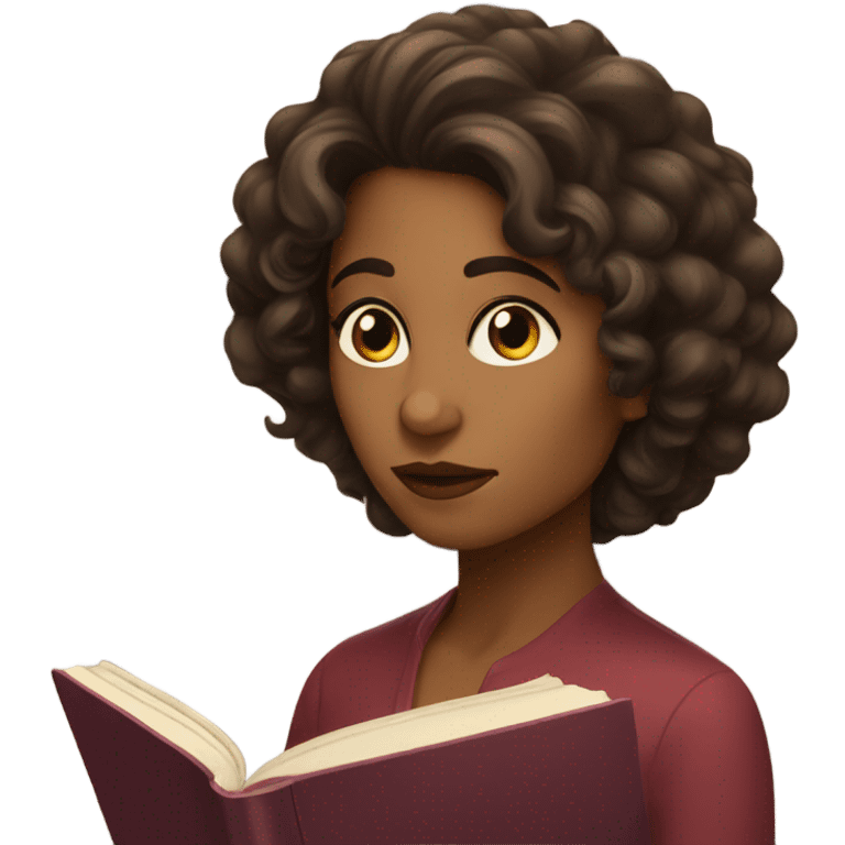 brunette curl mid length hair brown woman looking at a book cozy aesthetic emoji