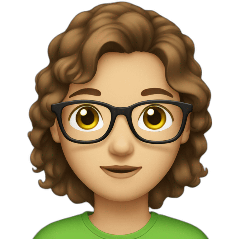 brown hair, glasses, green eyes, laptop, develoepr emoji