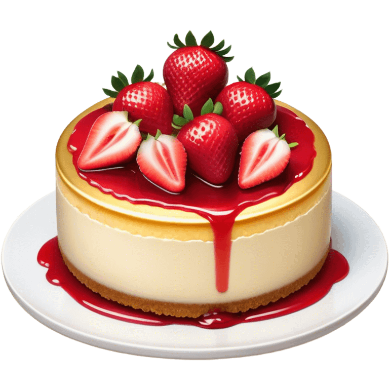 Cinematic creamy cheesecake, smooth and velvety, topped with fresh strawberries and a glossy fruit glaze, golden crumbly crust, beautifully plated, soft glowing background, indulgent and elegant. emoji