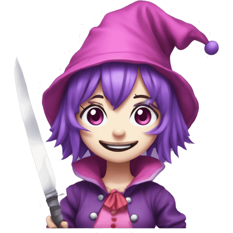 anime girl, clown clothes, pink jester's cap, sharp teeth, holding knife looking at viewer, purple hair, light purple eyes, emoji