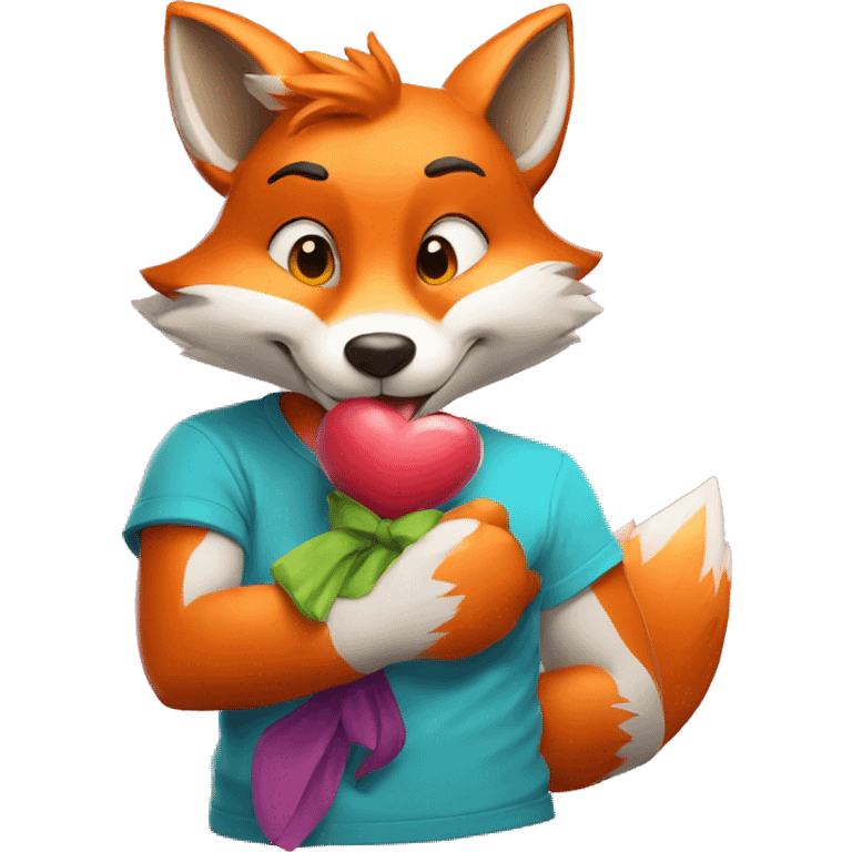 an anthropomorphic fox sending a kiss. The fox is wearing a colorful T-shirt and has a cheerful expression on his face. emoji