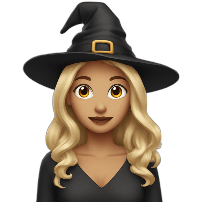 blonde with brown eyes, with a witch hat on her head emoji