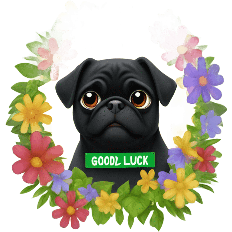 Black pug , surrounded by flowers, holding a green sign that says “good luck”  emoji