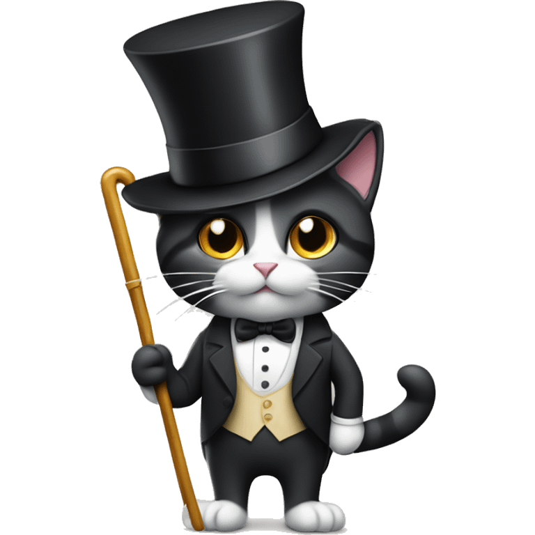 A cat in a top hat, tuxedo and with a cane in his hand emoji