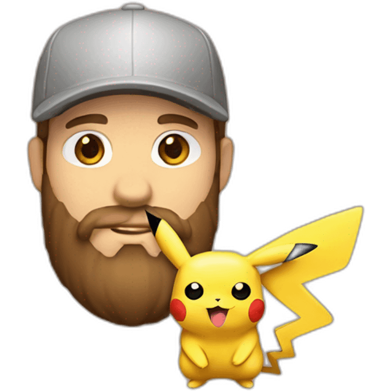 white man with brown hair and beard and a red cap, holding and a pikachu pokemon emoji