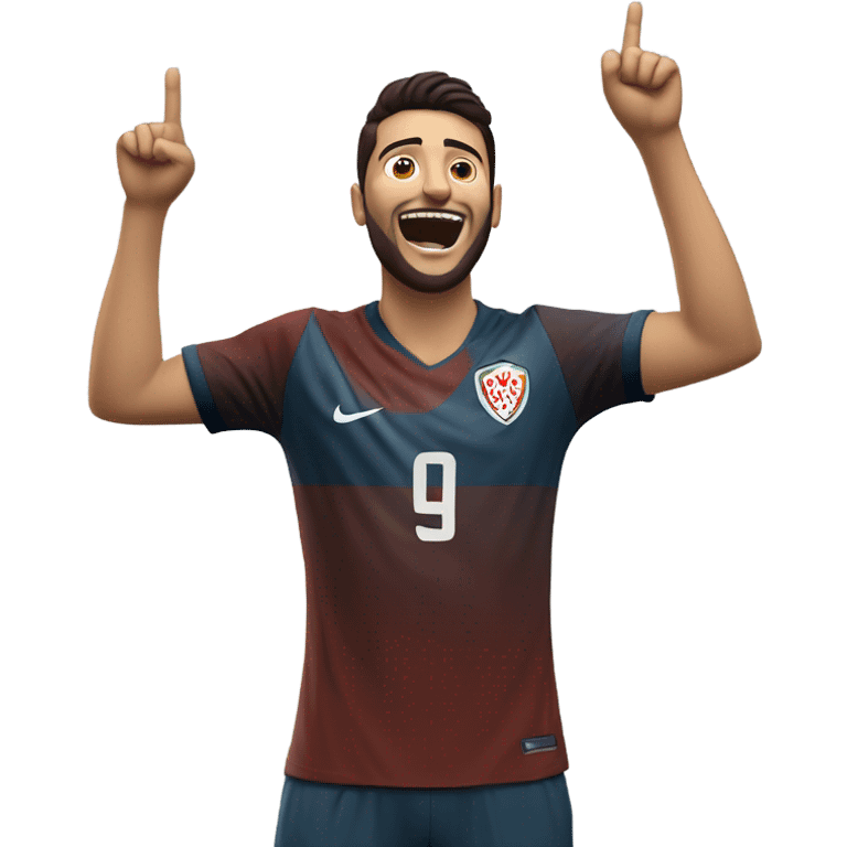 Arda Güler celebrating a goal: his right hand firmly placed on his chest while his left hand is raised and pointing towards the sky, capturing a moment of youthful exuberance, gratitude, and joy emoji