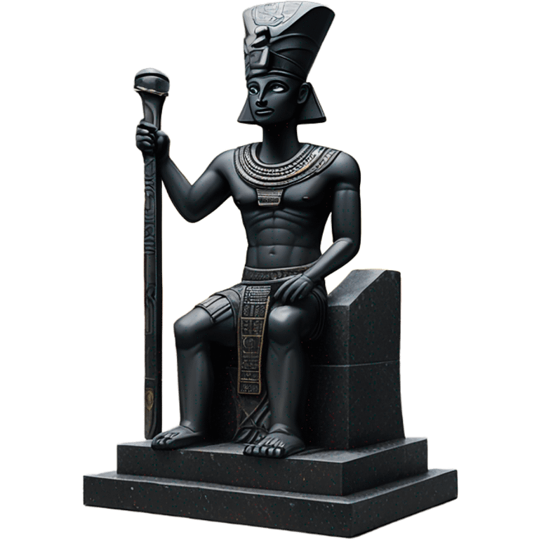 Osiris crook and flail obsidian statue on granite 30 ton brick, massive size, sunlight behind, sunset colors, reflections on black stone polished clean perfect, photography angles emoji