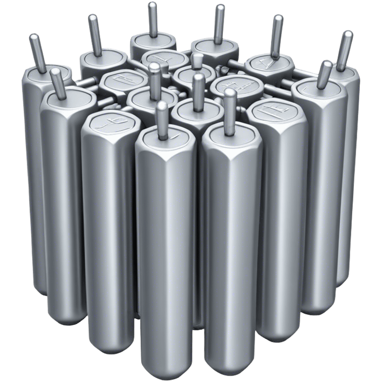 A bundle of thin uranium fuel rods used in a nuclear reactor, with a metallic silver or gray structure, cylindrical and slender rods, arranged in a hexagonal grid, realistic and industrial style, no green color, only metallic shades emoji