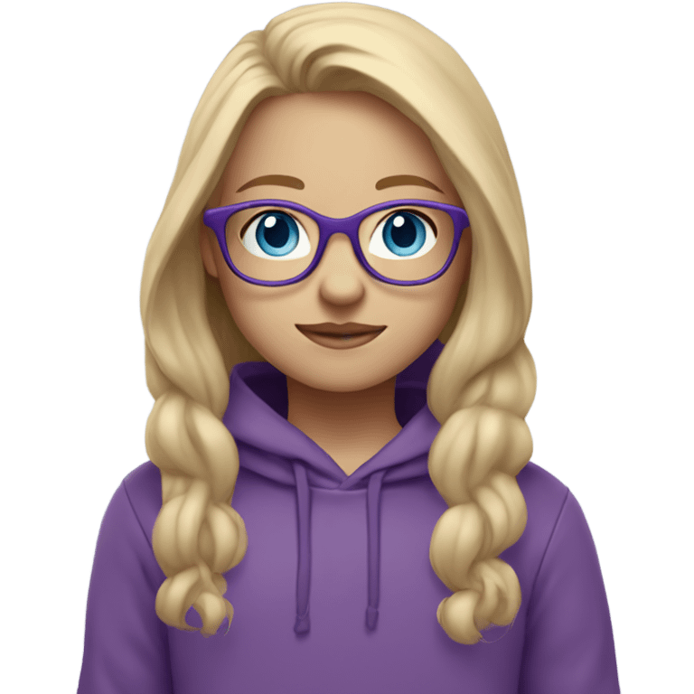 Pale little girl with blonde long hair blue eyes glasses  and a purple hoodie on  emoji