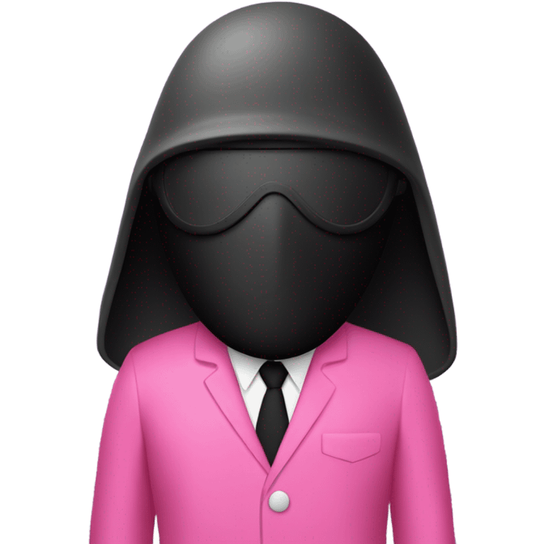 "Emoji of a Squid Game guard in a pink suit, black mask with a white shape (circle, triangle, or square), cartoon style, simple and recognizable emoji