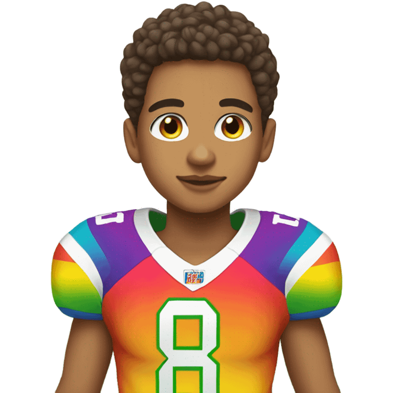 Lightskin boy with earrings wearing rainbow football jersey emoji