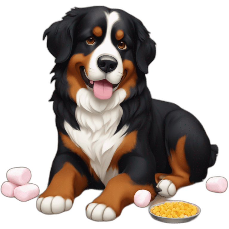 bernese mountain dog eating marshmallows cooked over fire place emoji