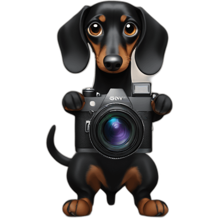 a black dachshund dog holds a SONY camera in its front paws emoji