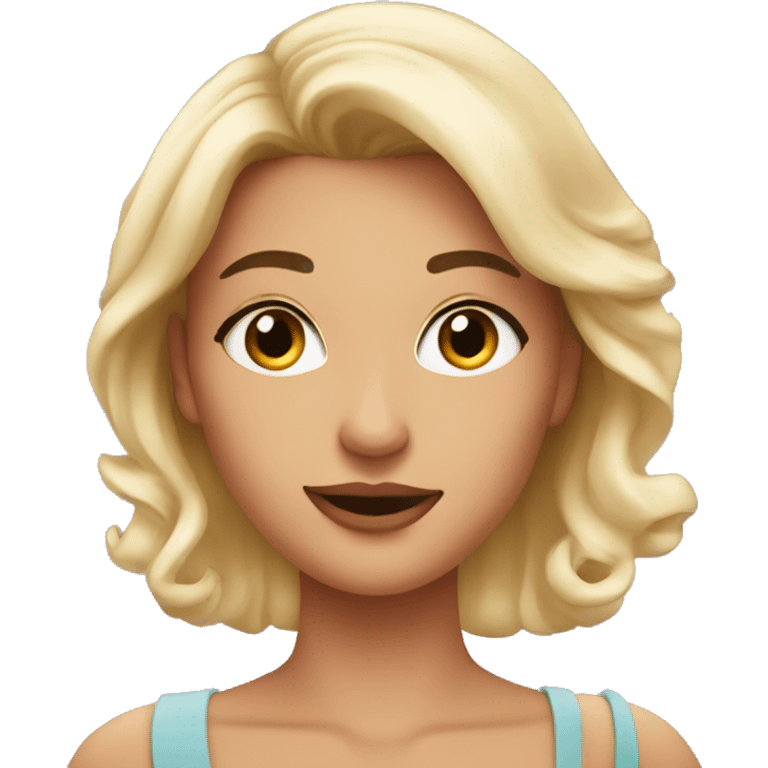 A pretty woman with blusher is pointing to the text next to her emoji