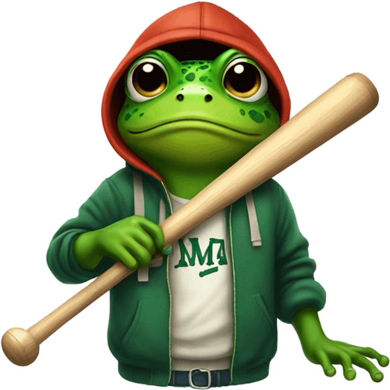 Frog holding a baseball bat with a hoodie on emoji