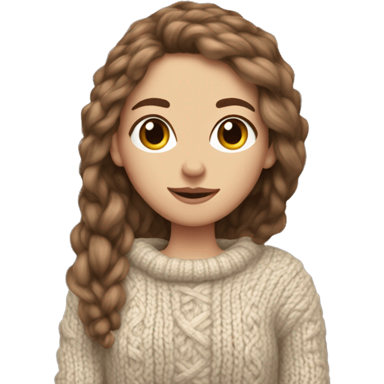 white girl brown long hair in knitted cod cozy sweater  emoji