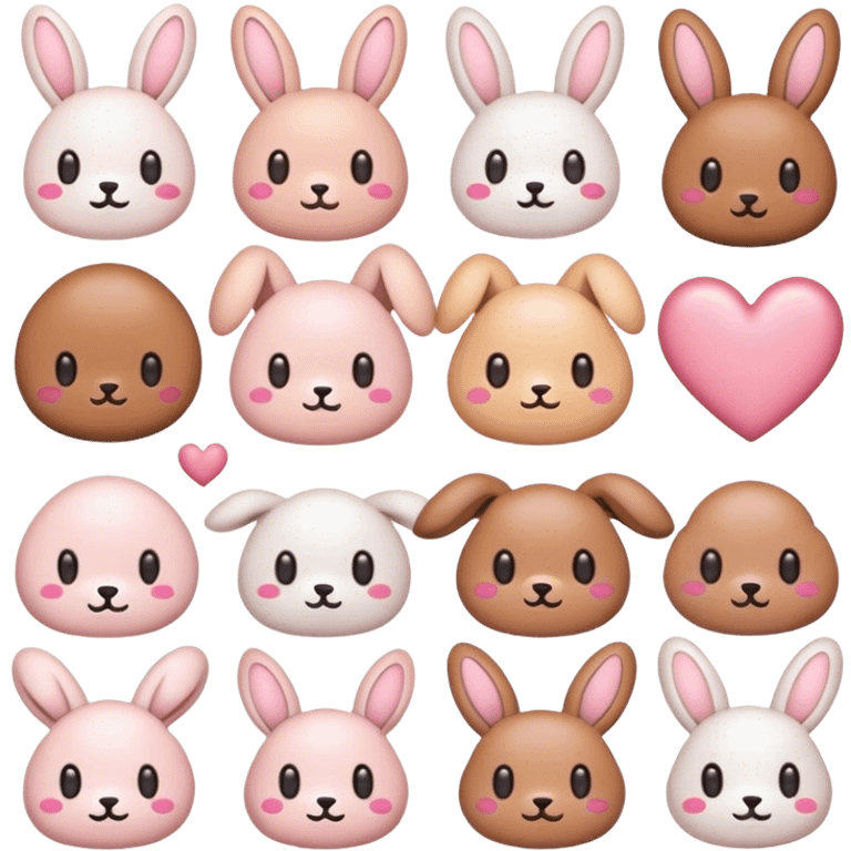 Create a high-resolution collection of ten modern, high-quality emojis on a transparent background, inspired by the nickname 'Snuff' or 'Snuffel'. The emojis should be cute, playful, and fluffy, featuring elements like a soft bunny, a tiny curious puppy, a cozy plush-like creature, hearts, sparkles, and other adorable details. The color palette should be soft and warm, using blush pink, nude, and pastel tones to create a sweet and affectionate aesthetic. Avoid blue tones completely. Ensure all elements are fully visible without being cropped, maintaining a clean and aesthetically pleasing layout. emoji