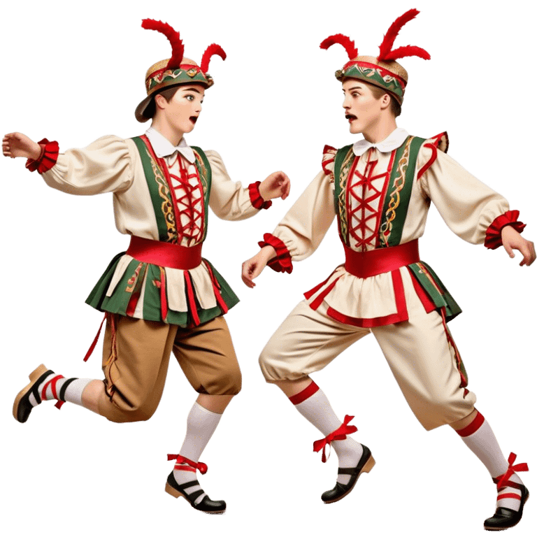 Cinematic Realistic scene of two performers executing a Morris Dance in full traditional costume—with bells, ribbons, and clogs—captured in dynamic motion against a rustic English backdrop and warm, golden lighting emoji