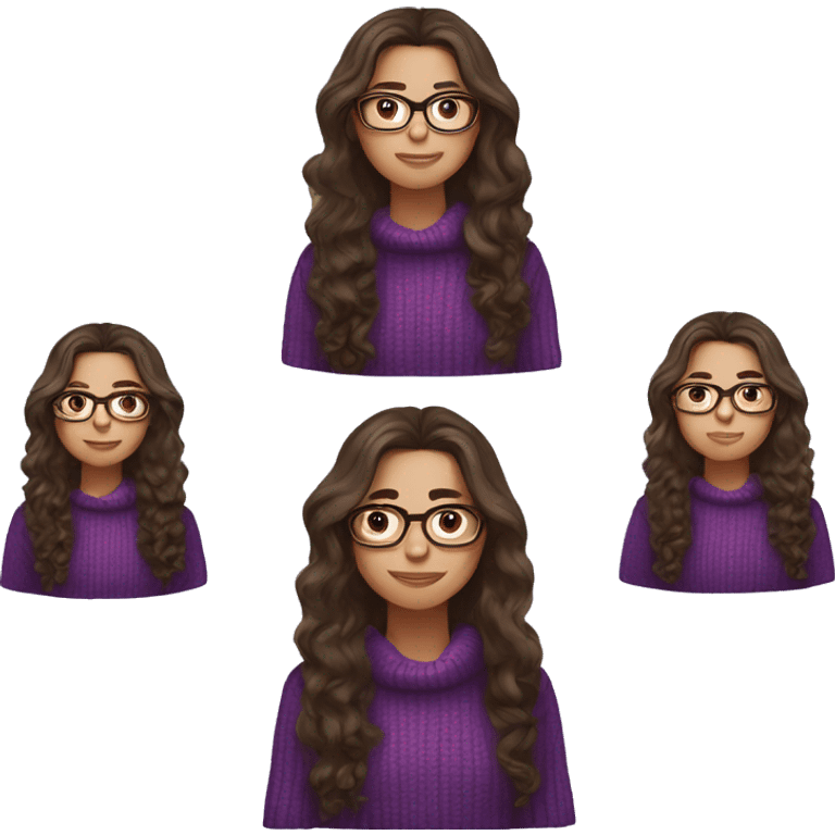 young girl, young hispanic, long brown hair, long curly brown hair, brown eyes, purple winter sweater, glasses emoji