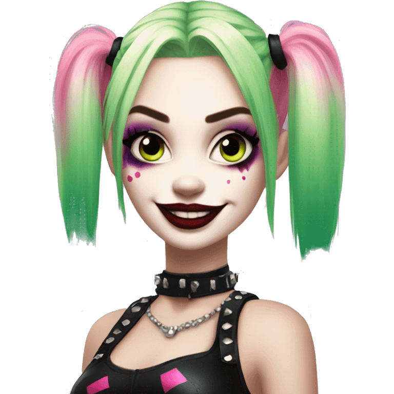 Sparkling goth punk Harley Quinn with blonde green and pink hair emoji