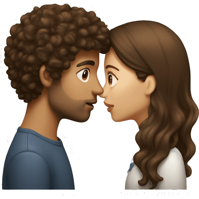 Girl with long straight brown hair kissing a guy with short curly brown hair emoji