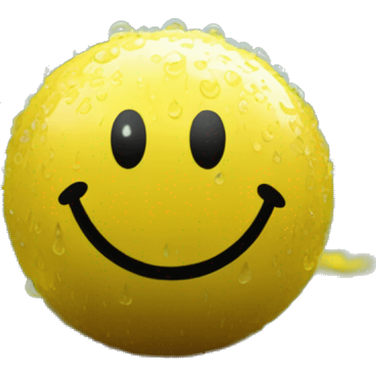 A bright yellow smiley face ball, covered in raindrops, sits on a wet, textured surface. Blurred green foliage and out-of-focus yellow flowers fill the background, with soft rain falling, creating a cheerful yet serene atmosphere. emoji