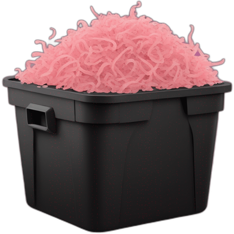 Black cubic plastic container with wood shavings and pink worms inside emoji