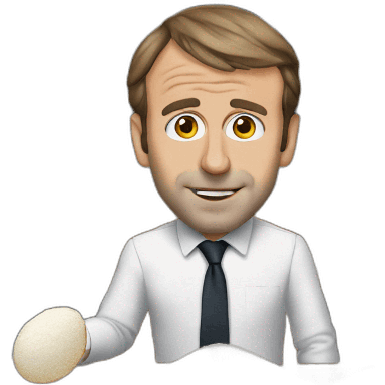 Emmanuel Macron in front of his office, he has flour on his nose, there is a pile of white flour on the desk, and his pupils are dilated emoji