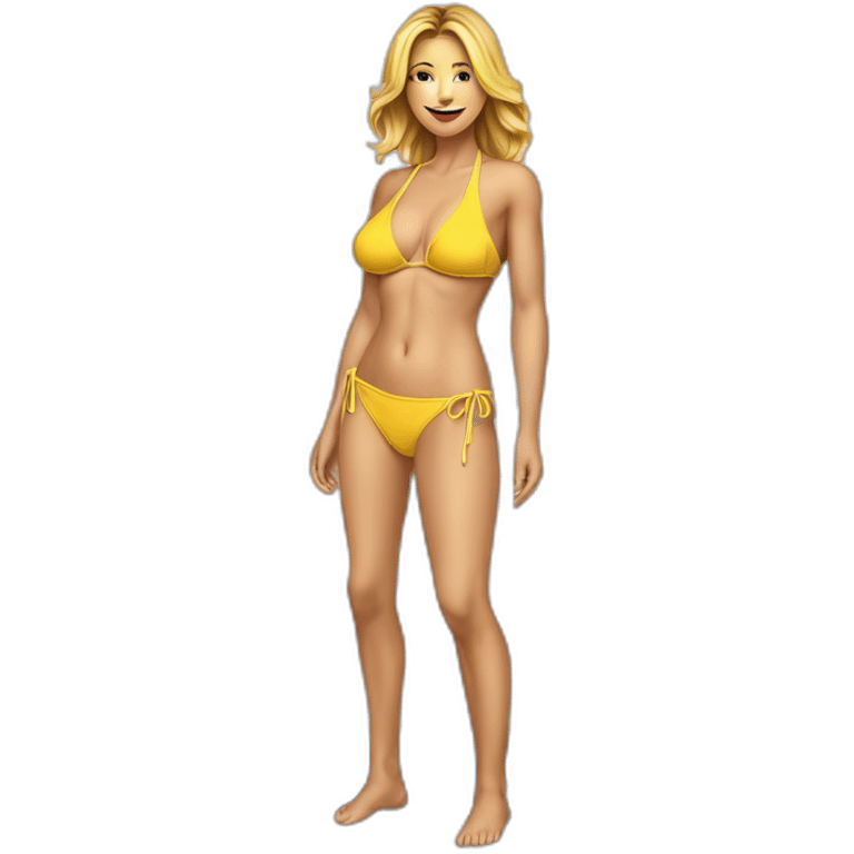 Sexy pose soft-fit Caucasian woman yellow bikini (beach body) bed realistic emoji