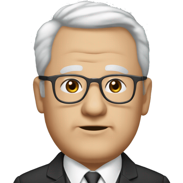 Chubby man of about 60 years of age with grey hair and a bald shin. Small round brown glasses and dark eyes, double chin and chubby face. Chubby pointed nose. Wearing a black suit with waistcoat, jacket and tie. emoji