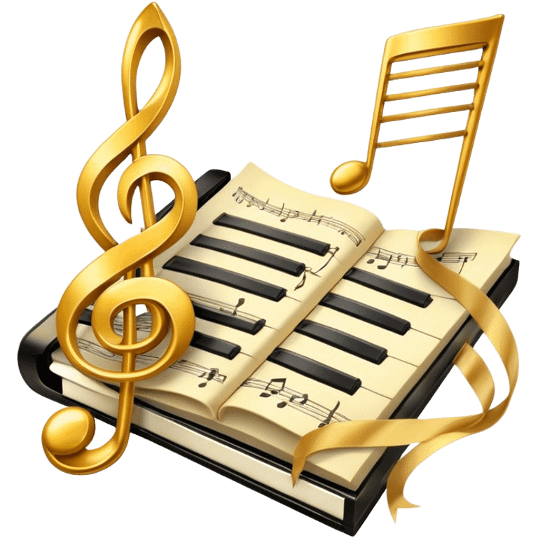 Create a bright and artistic emoji that represents music composition. The design should feature musical notes, a pencil or quill, and a sheet of music, symbolizing the creative process of composing a song. Add a touch of elegance with flowing lines to represent melody and rhythm. Incorporate piano keys arranged like a ribbon or flowing tape, symbolizing the piano's role in composition. Use gold or silver tones for sophistication, and incorporate vibrant colors to convey creativity. The background should be transparent. emoji