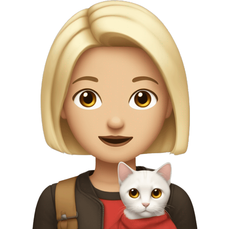 a blonde with a bob haircut and brown eyes holds in her hands a cat of three colors black, red and white emoji