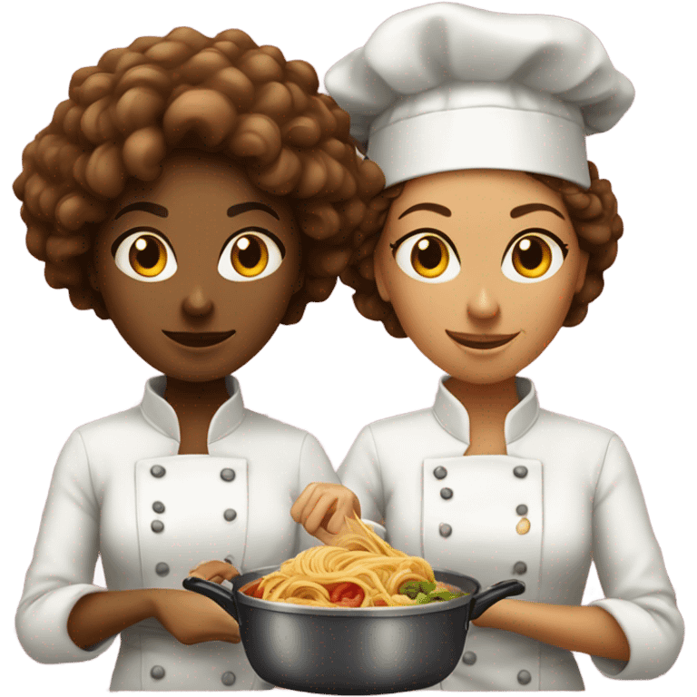 Spaghetti cooking battle women chefs one with curly hair  emoji