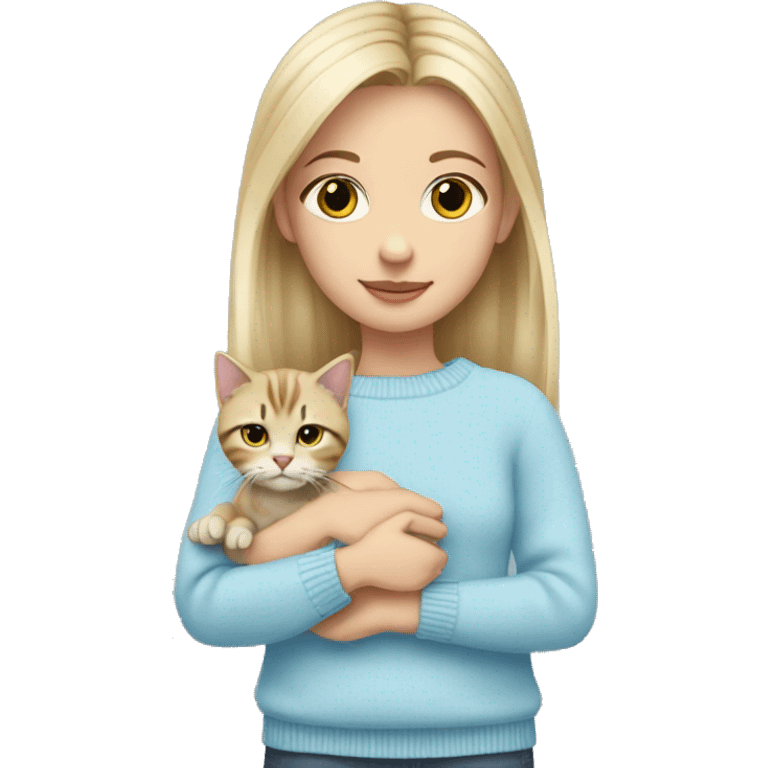 Blond shoulder lenght hair girl in a baby blue sweater holding a tabby cat with with paws and face emoji